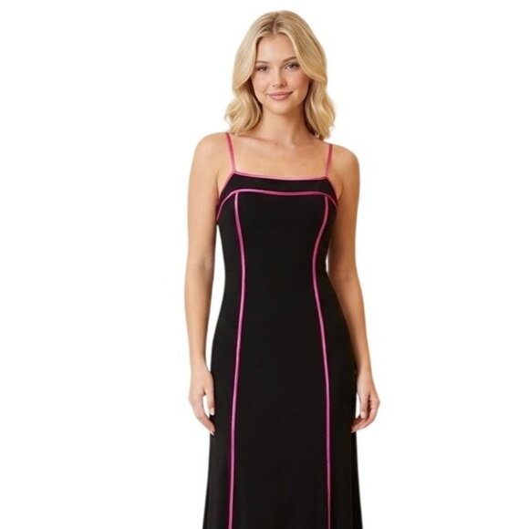 VTG City Triangles Black Maxi Slip Dress Pink Trim Size L Y2K Flowy Prom - Picture 1 of 9